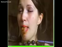 Obedient amateur teen webcam model cleans off her scat coated beaded dildo live on cam